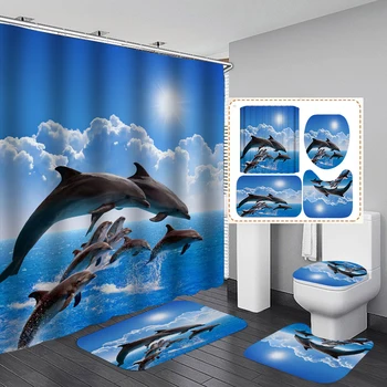 3D Spausdinimo Vandenyno Jūros Delfinų Mėlyna Vandeniui Audinio Užuolaidų, Dušo Užuolaidos Vonios kambarys Nustatyti, priešslydžio sistema Kilimas Tualeto Dangčio Dangtelis Vonios Kilimėlis
