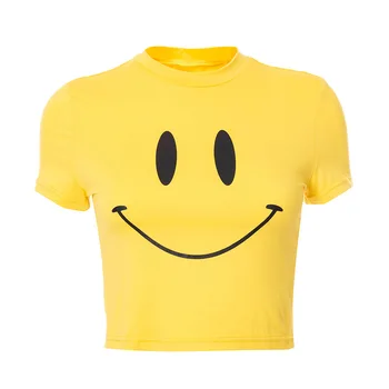 ArtSu Geltona Šypsena T Marškinėliai Moterims Y2K Vasaros Kawaii Drabužius trumpomis Rankovėmis Tees Grafinis T marškinėliai Pasėlių Top Marškinėliai Femme T-shirts