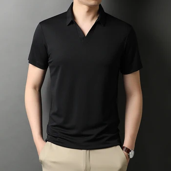 Vasaros ledo šilko trumparankoviai marškinėliai vyriški tendencija Pusė-rankovės marškinių apykaklės vientisos spalvos atvartas, POLO marškinėliai, vyriški drabužiai