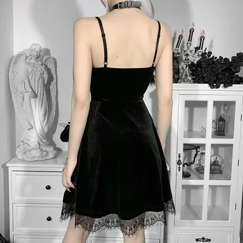 Gotikos Nėrinių Apdaila Juoda Mini DressVntage Half Moon Nepriklausomo Korsetas Suknelė Goth Estetinės Sexy V Kaklo Backless Šalis Suknelės