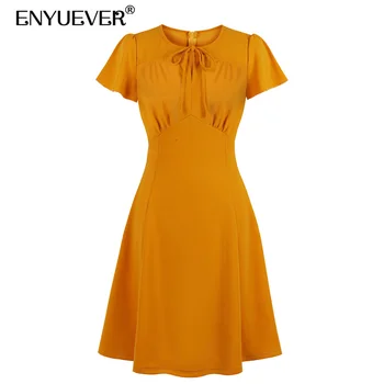 Enyuever Elegantiškas Apelsinų Moterų Suknelė Vasaros Drabužių Bowknot Aukšto Juosmens Trumpas Rankovės Sūpynės Atsitiktinis Šalies Office Ponios Suknelės