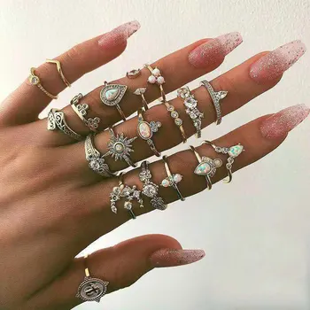 Boho žiedai moterims, Dovanos naujųjų metų derliaus papuošalų Knuckles prabangos opal kristalų egirl vestuvinis žiedas nustatyti 19pcs/rinkiniai