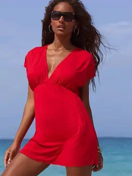 Moterų maudymosi kostiumėlis beach sijonas tunika seksualus V-kaklo trumpomis rankovėmis Beach Suknelė Sharon bikini smock įvyniojimas sijonas rankšluostį backless maudymosi kostiumėlį