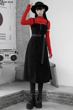 PUNK RAVE Moterų Punk Juodas Diržas Atsitiktinis darbo drabužiai Suknelė Gatvės Stiliaus Nuimamas Diržas Ruoželiniu Aksomo Šiltas Ilgas Sukneles