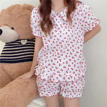 Vasarą 2 dalių komplektas sleepwear moterų pižama nustatyti vyšnių spausdinimo trumpomis rankovėmis viršūnes pijamas peter pan apykaklės palaidinė, šortai namų Y354