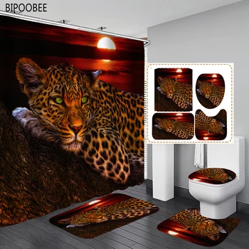 Mėnulis Leopardas Spausdinti Vonios kambarys Dušo Užuolaidos Nustatyti, Vonios Kilimėliai Kilimėliai Flanelė Tualeto Dangčio Padengti neslidžia Kilimų Patvarus Vonia Užuolaidos