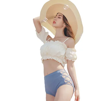 Korėjos Stiliaus Seksualus Kartus Moterų iš Dviejų dalių, Bikini Nustatyti Kamšalu Off Peties Biquini Aukšto Juosmens maudymosi kostiumėlį, maudymosi Kostiumėliai, Paplūdimio Kostiumas