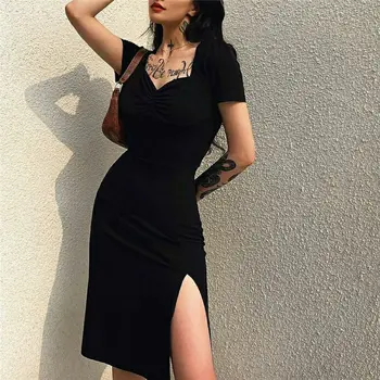Plisuotos suknelė trumpomis rankovėmis vasarą juosmens seksualus naktinis klubas padalinti šviesą slim studentų maža juoda suknelė